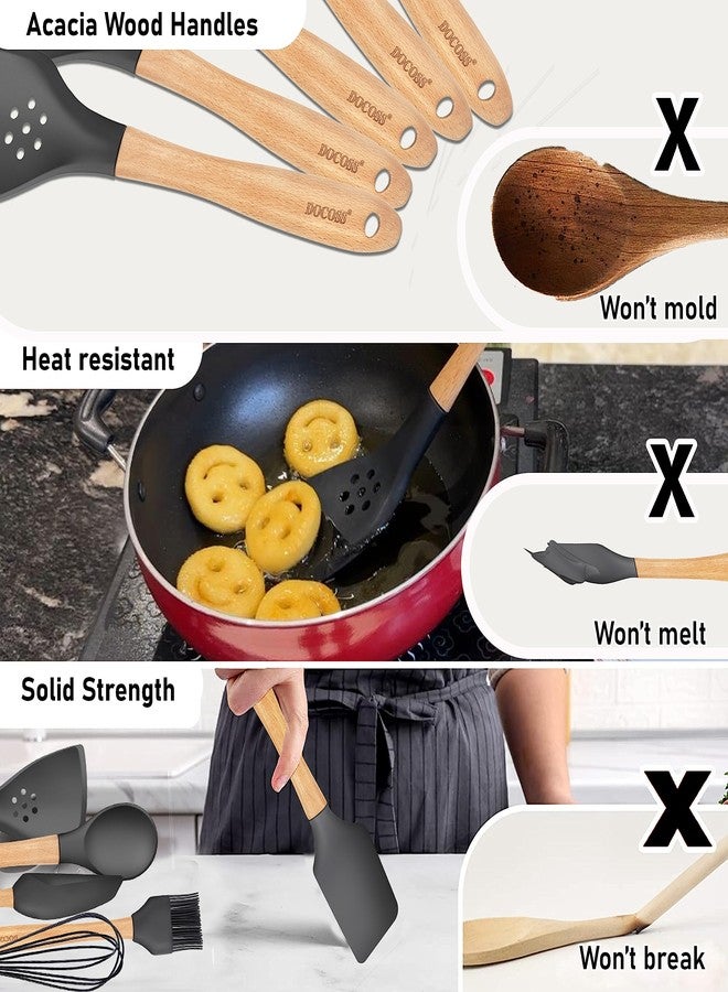 دوكوس مجموعة ملاعق خشبية من 6 قطع من دوكوس للمقلاة غير اللاصقة / ملاعق سيليكون للمطبخ / ملاعق للكيك / ملاعق للطبخ، ملحقات الخبز (أسود) - Image 2